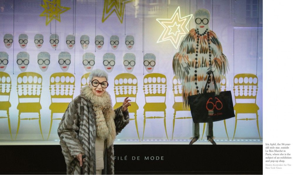 Iris-Apfel-in-front-of-one-of-Le-Bon-Marché-Rive-Gauche-windows-for-the-event-Iris-in-Paris